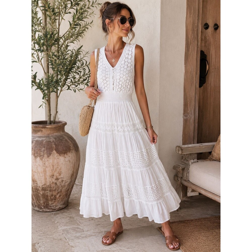 White Cotton Crochet Dress Cottagecore Beach 100% Cotton Dress Maxi XL 496